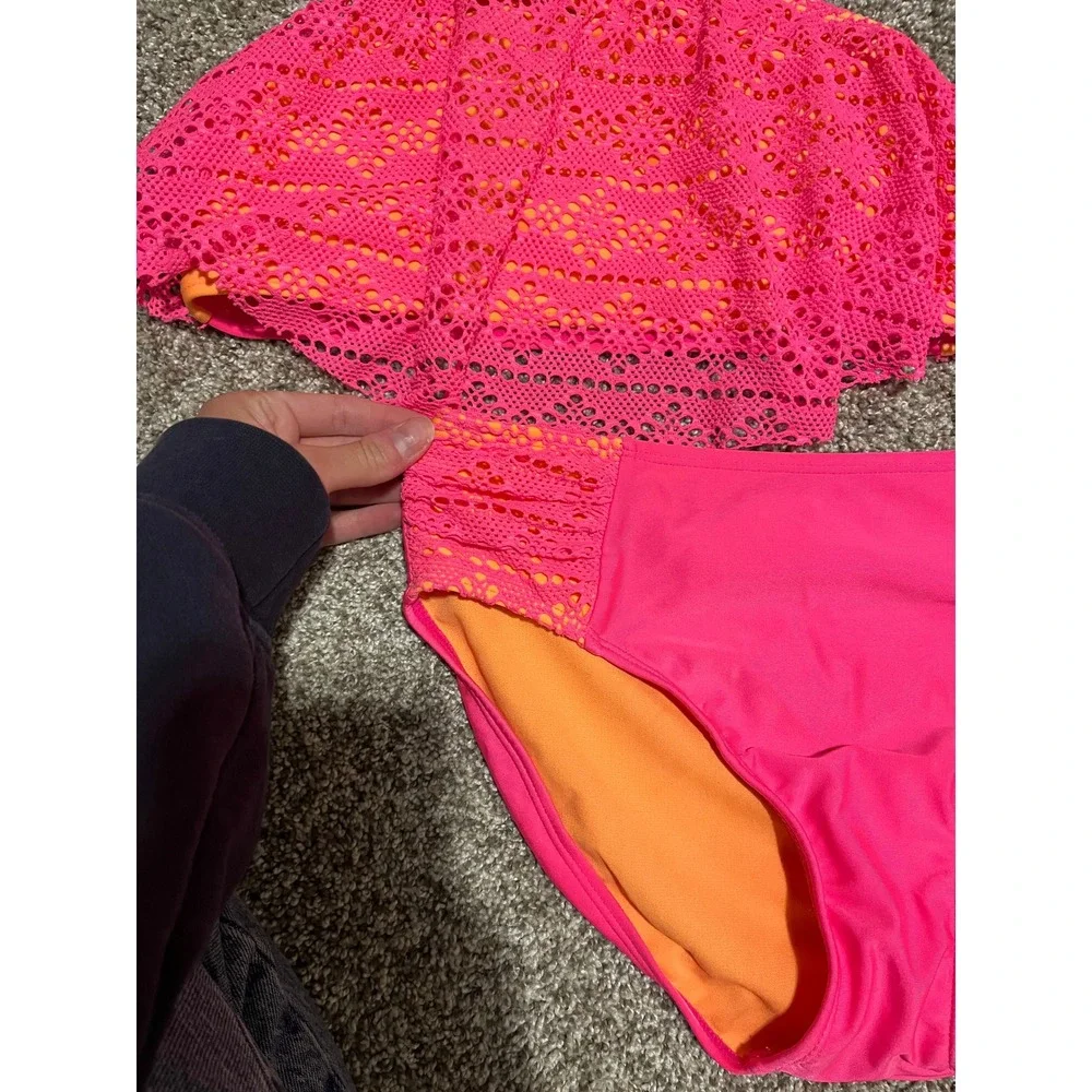 Cat & Jack Girls Neon Pink Orange Crochet Ruffle Bikini Set Size XL 14/16